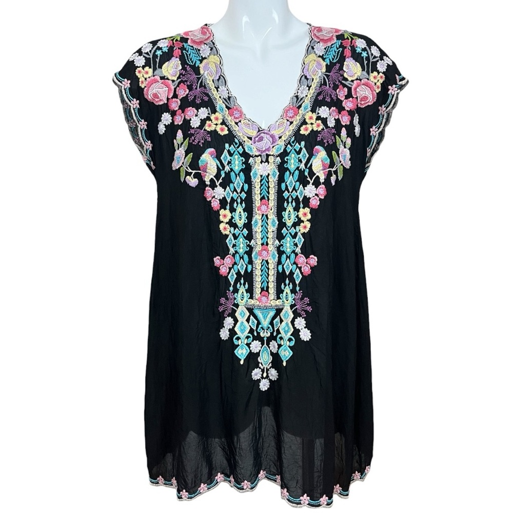 Johnny Was Black Petunia Embroidered Cupra Rayon Tunic/Dress Size Small